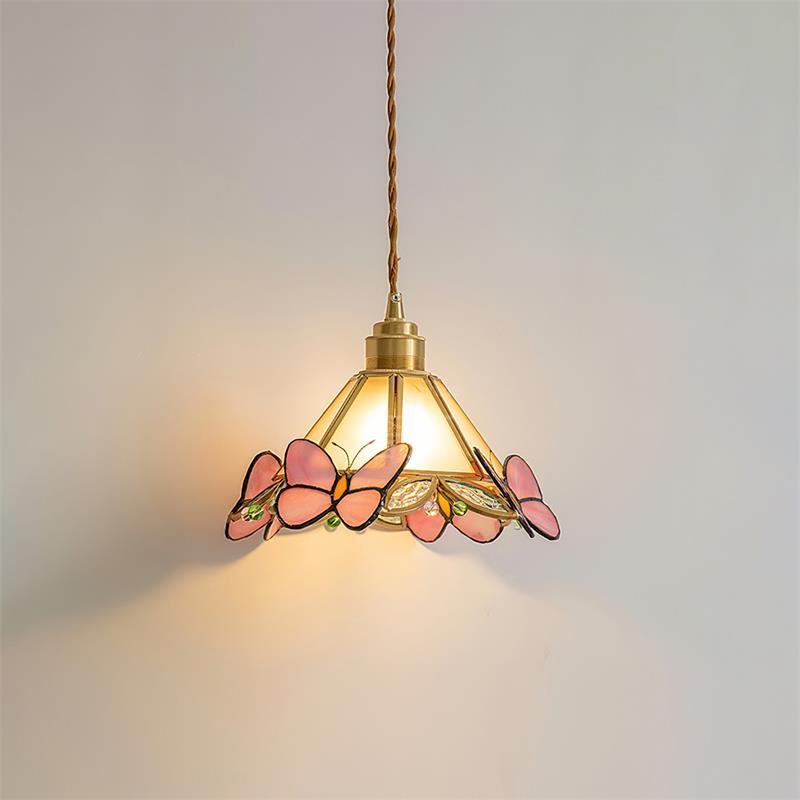 French Retro Glass Pink Butterfly Pendant Lamp M117