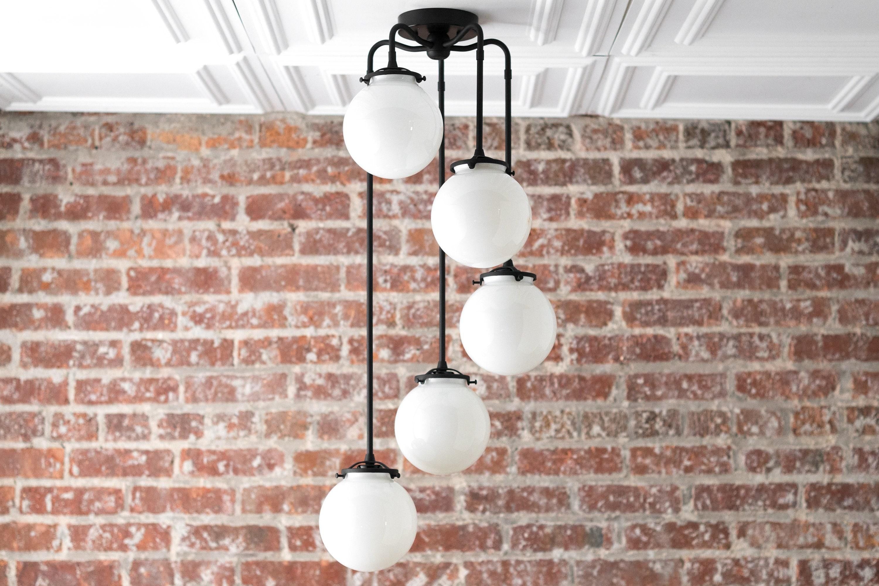 Glorica Glass 5 Globe Chandelier - Brass and Opal Glass Vintage Pendant Light T319