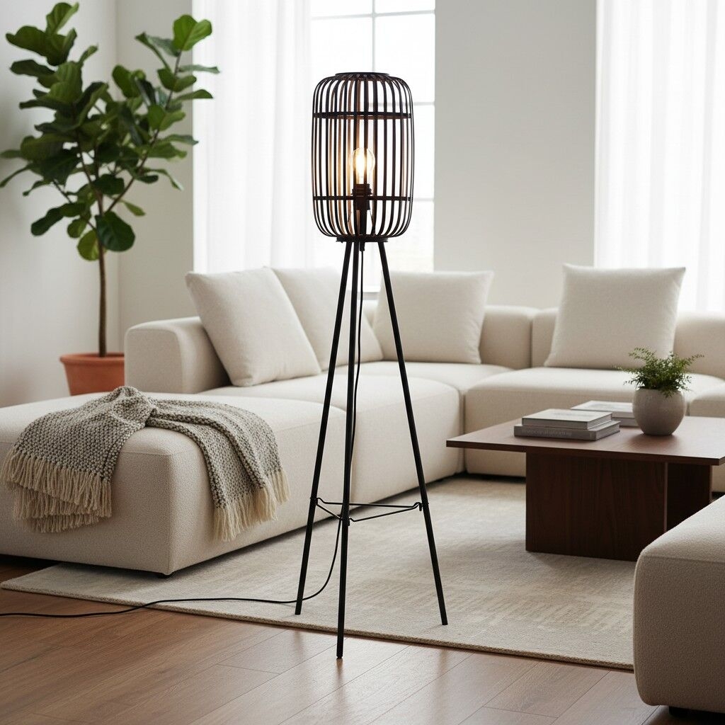 Yumeko Natural Woven Floor Lamp - Modern Scandi Bamboo Shade Standing Lamp for Bedrooms or Living Rooms T972