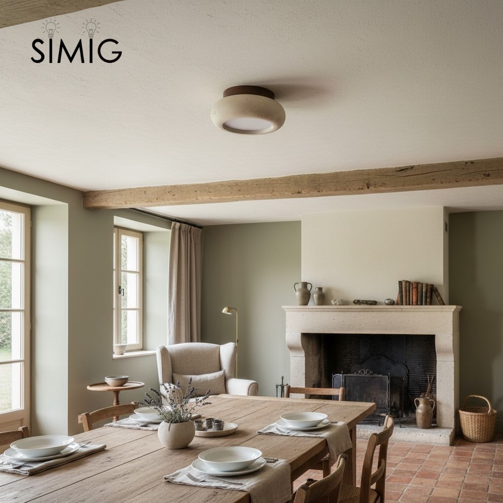 Minimal Bowl Ceiling Fixture in Stone Look - Wood Tone Base Light S299