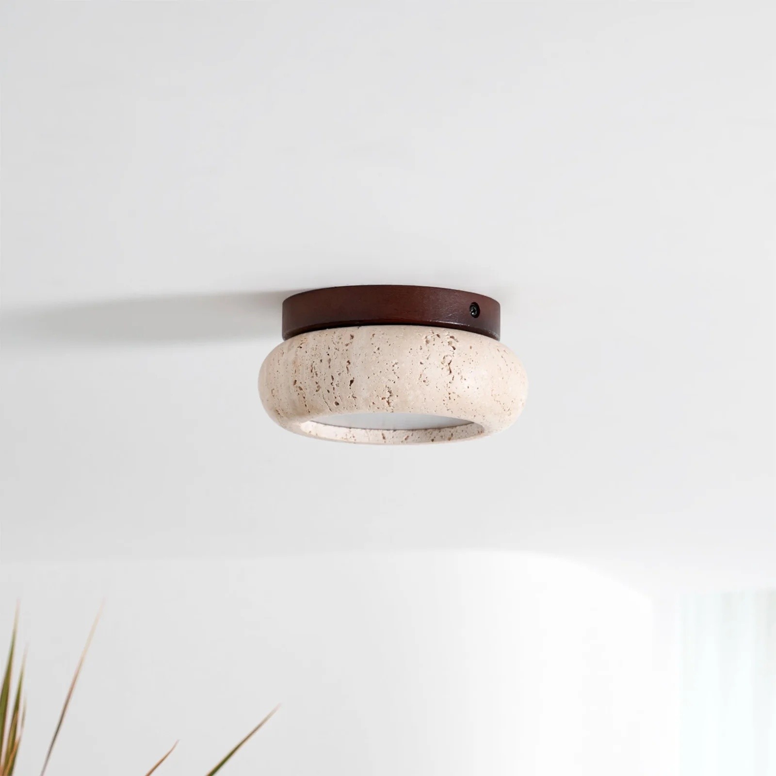 Minimal Bowl Ceiling Fixture in Stone Look - Wood Tone Base Light S299