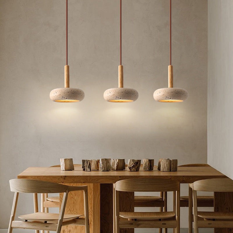 Traditional Japanese Round Wood Travertine Pendant Light G68
