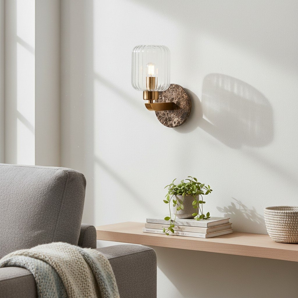 Korlisse Modern Marble Wall Light - Vintage Brass & Clear Glass Accent for Living Room and Hallway T950