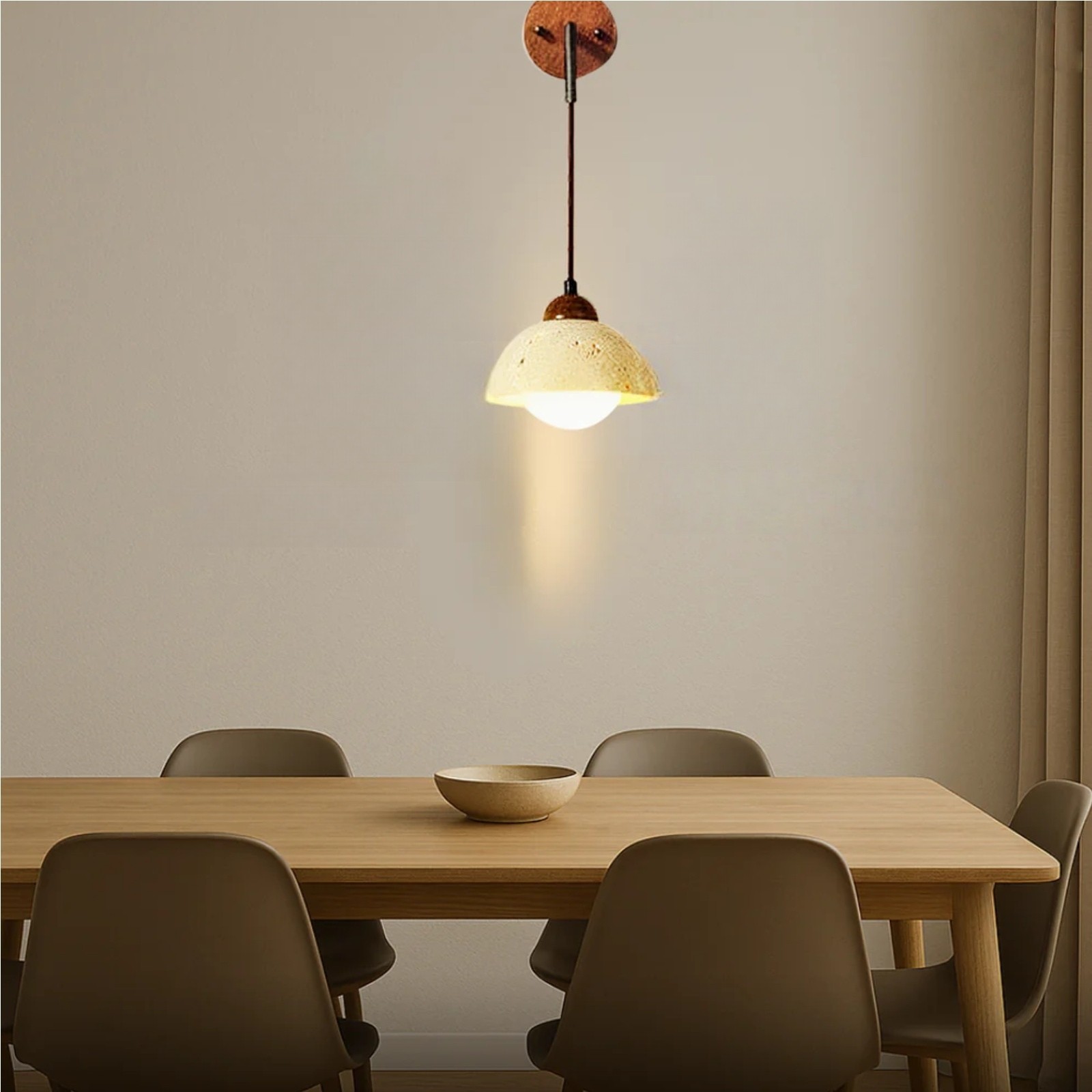 Natural Half Sphere Travertine Pendant Light With Wooden Details S309