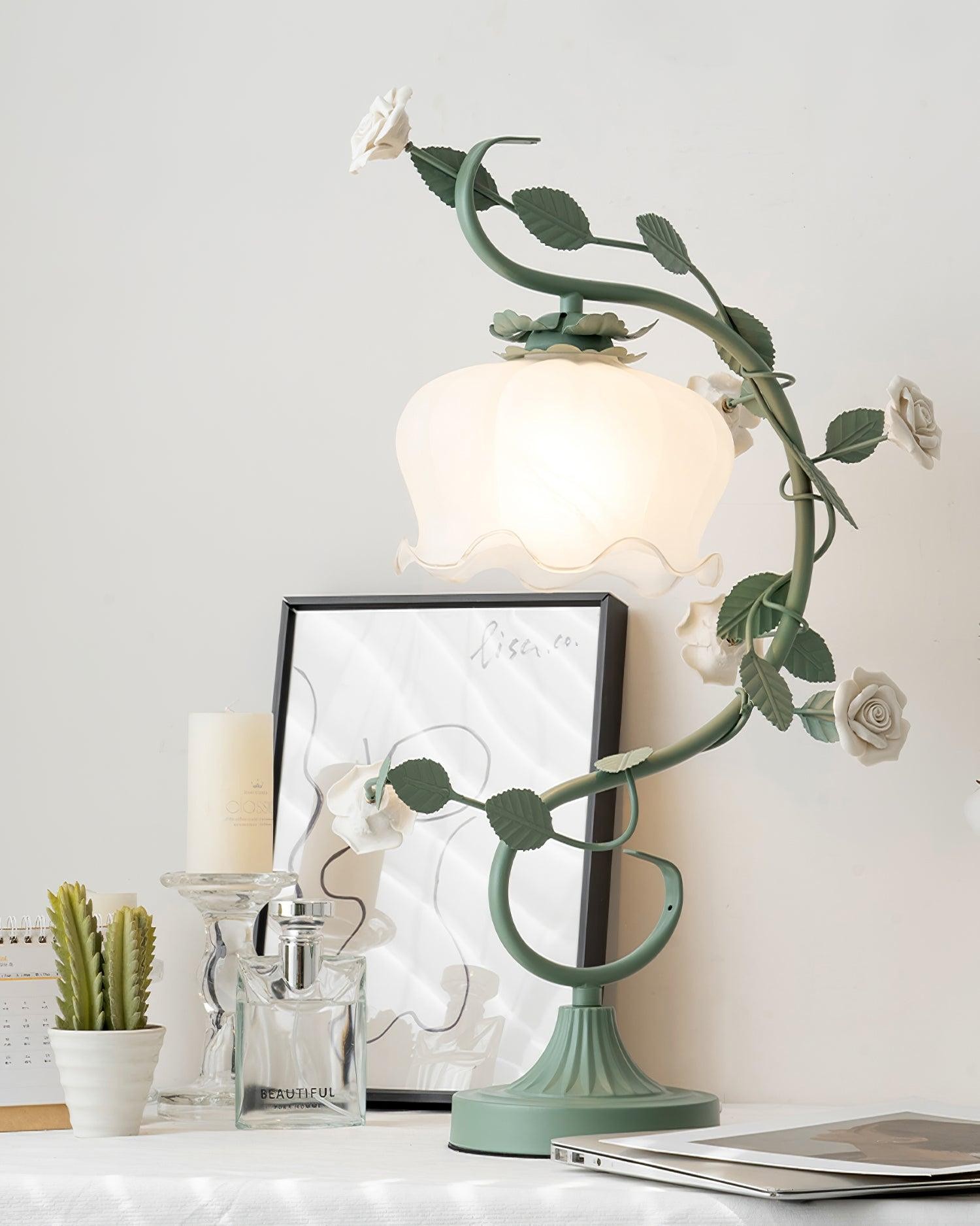 Green Pink White Rose Flower Table Lamp M107