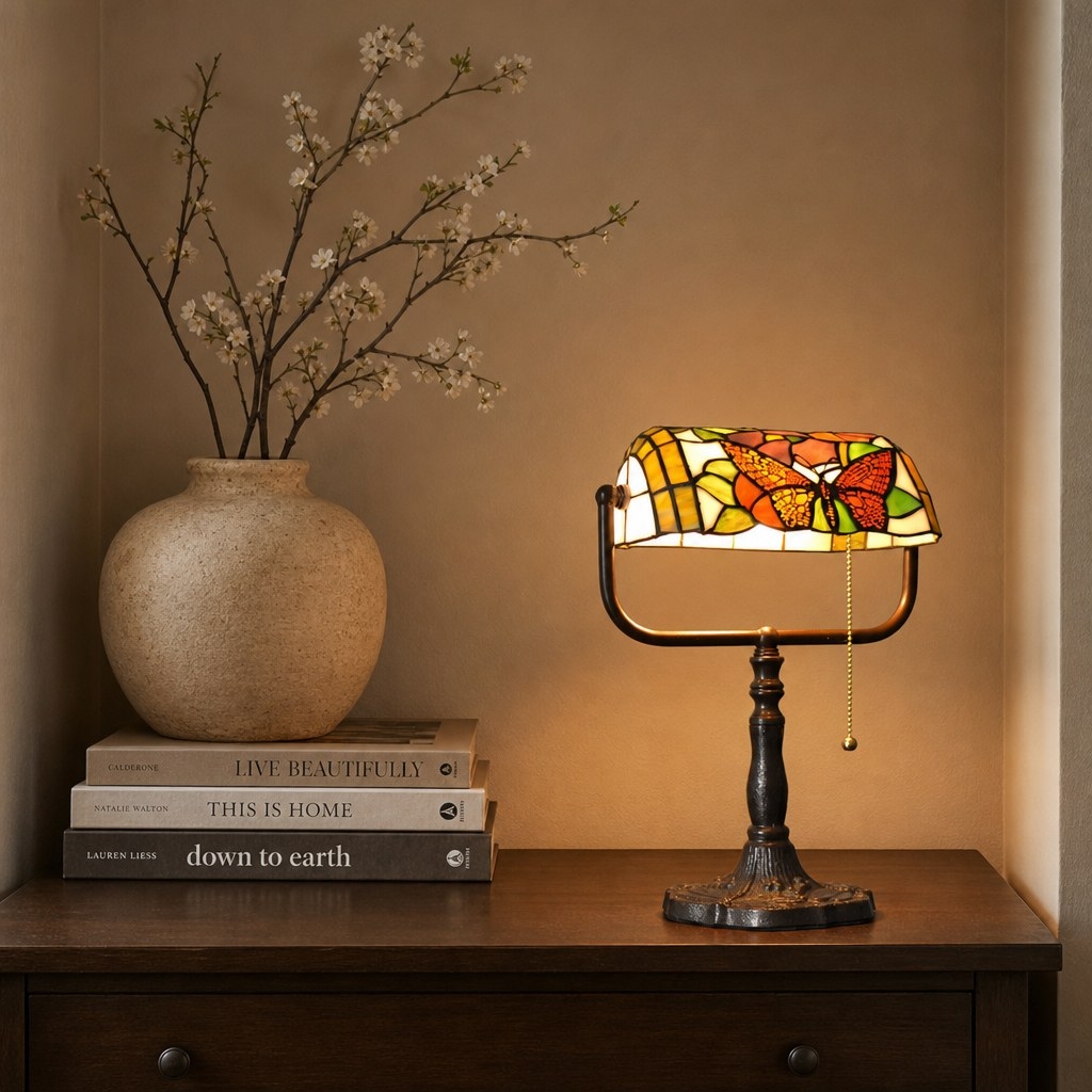 TF Tivanny Floral Stained Glass Desk Lamp - Vintage Table Light for Bedroom Study Living Room T2223