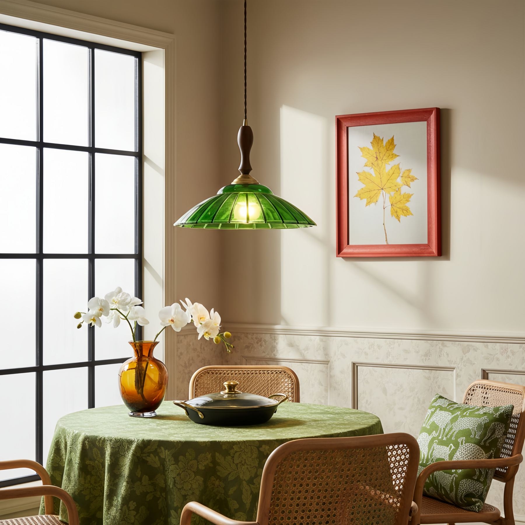 Elunaris Vintage Trumpet Shape Pendant Light with Green Glass Shade for Dining Room T1114