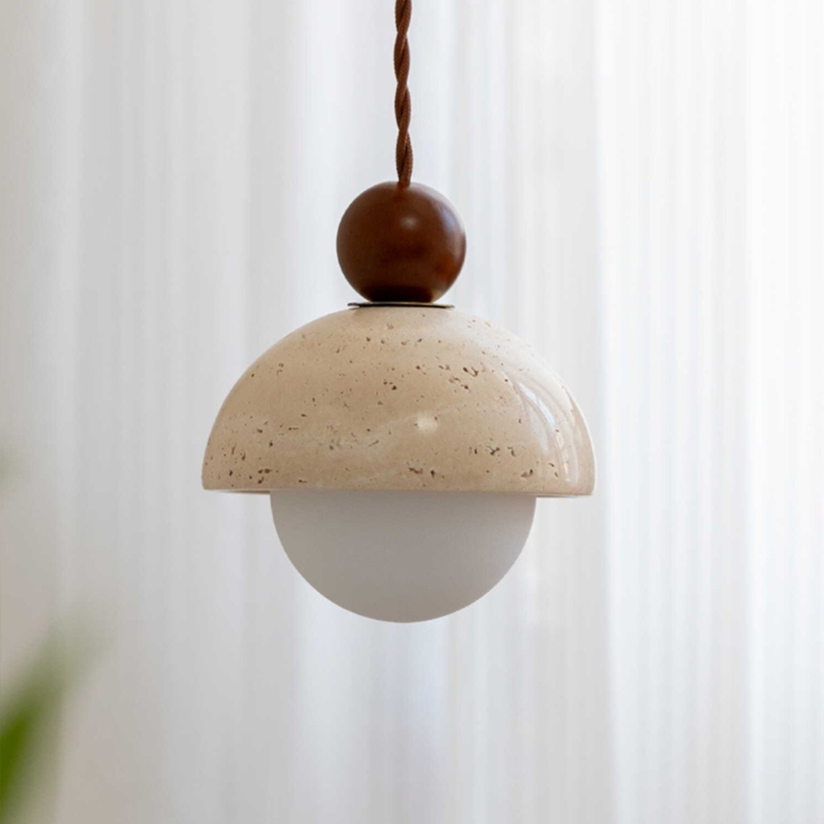 Beige Stone Umbrella Pendant Lamp With Wooden Sphere Accent S270