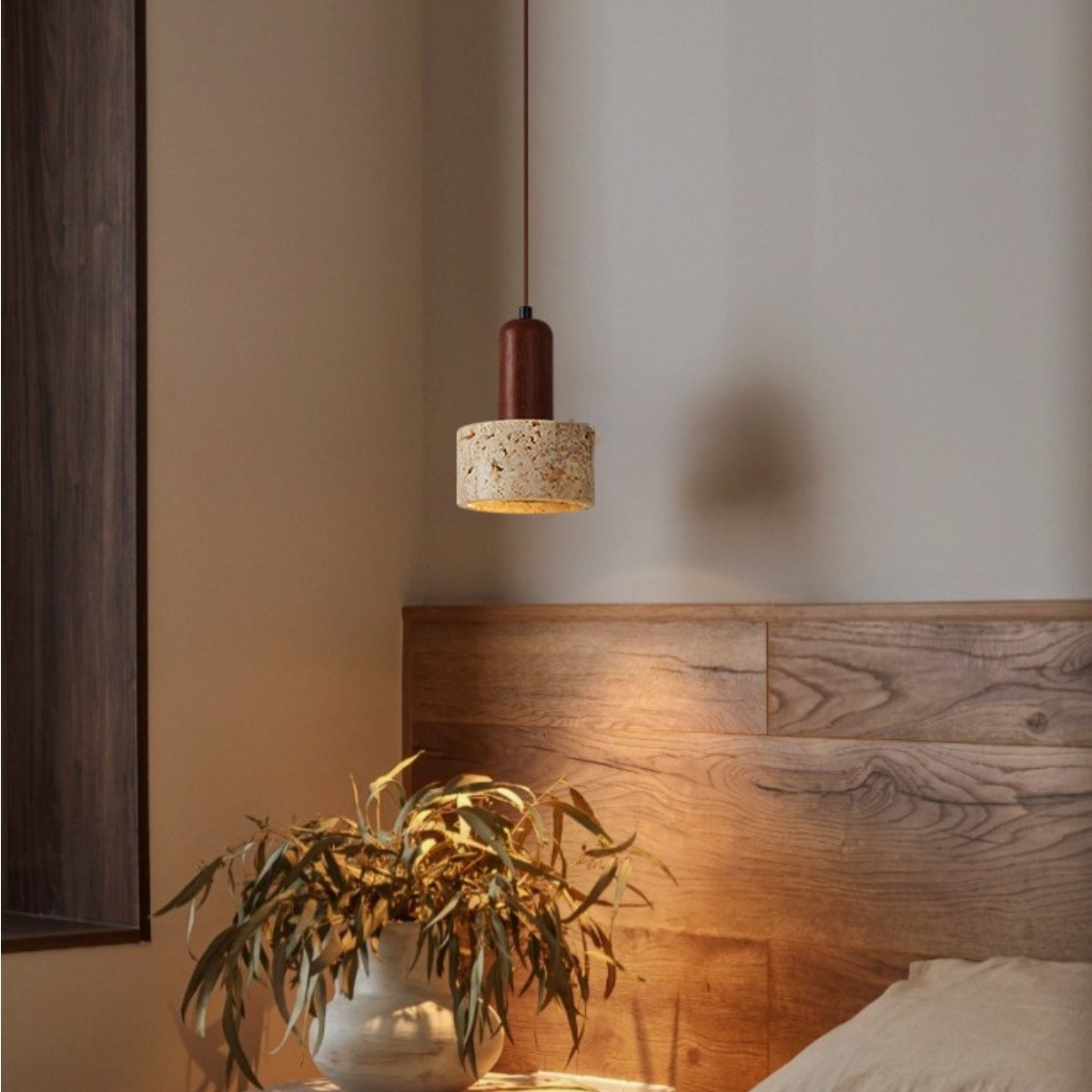 Minimalist Travertine Pendant Light With Wooden Top S264