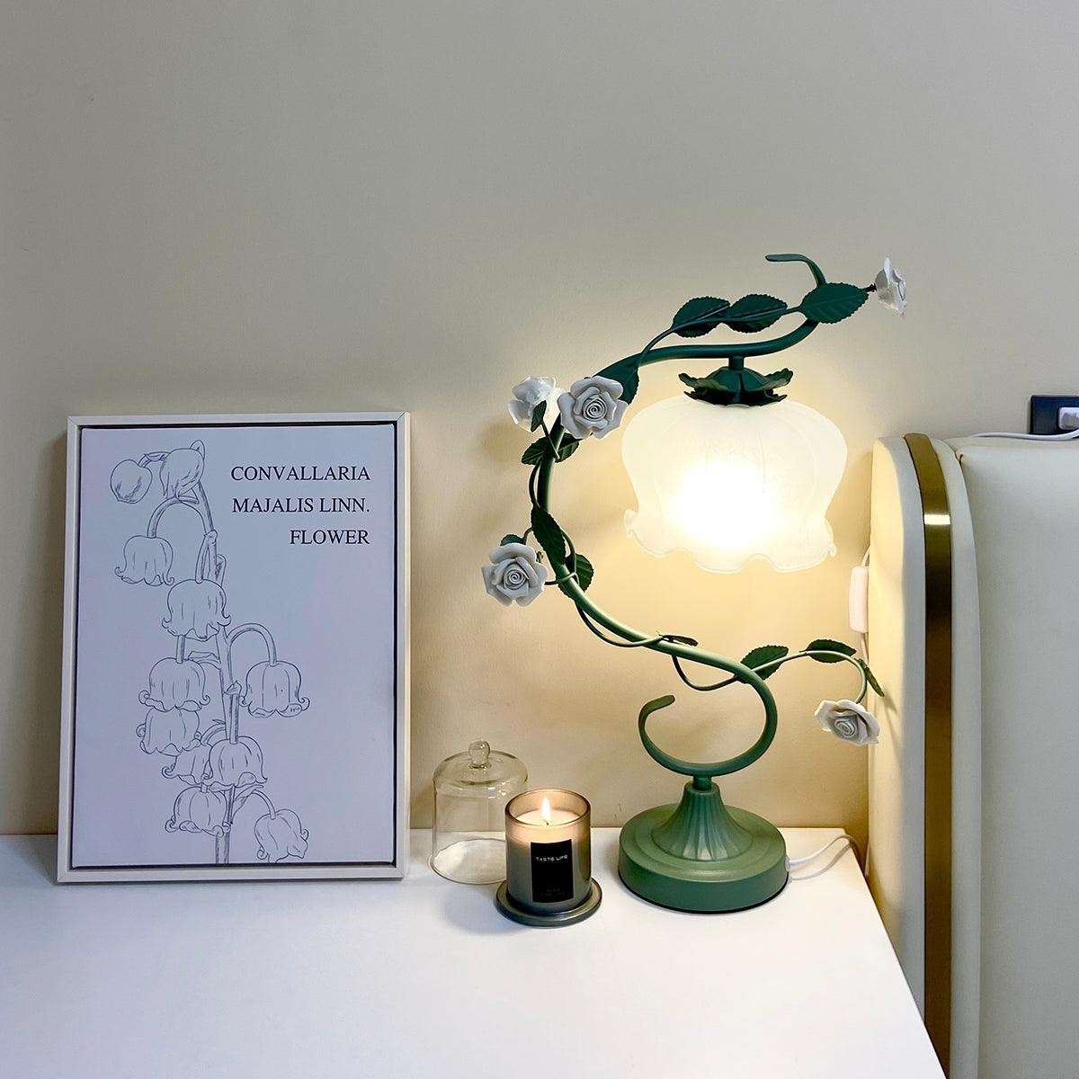 Green Pink White Rose Flower Table Lamp M107