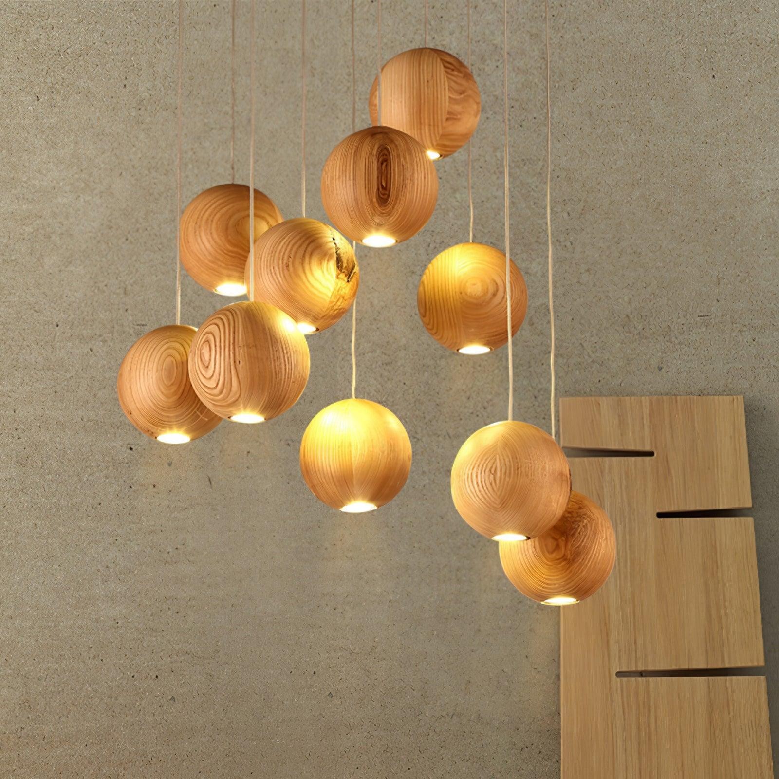 Wooden Orb Sphere Cluster Pendant Light G72