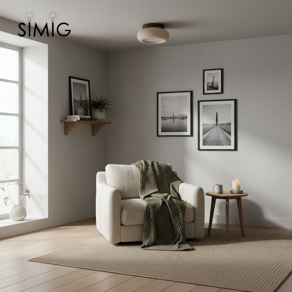 Minimal Bowl Ceiling Fixture in Stone Look - Wood Tone Base Light S299