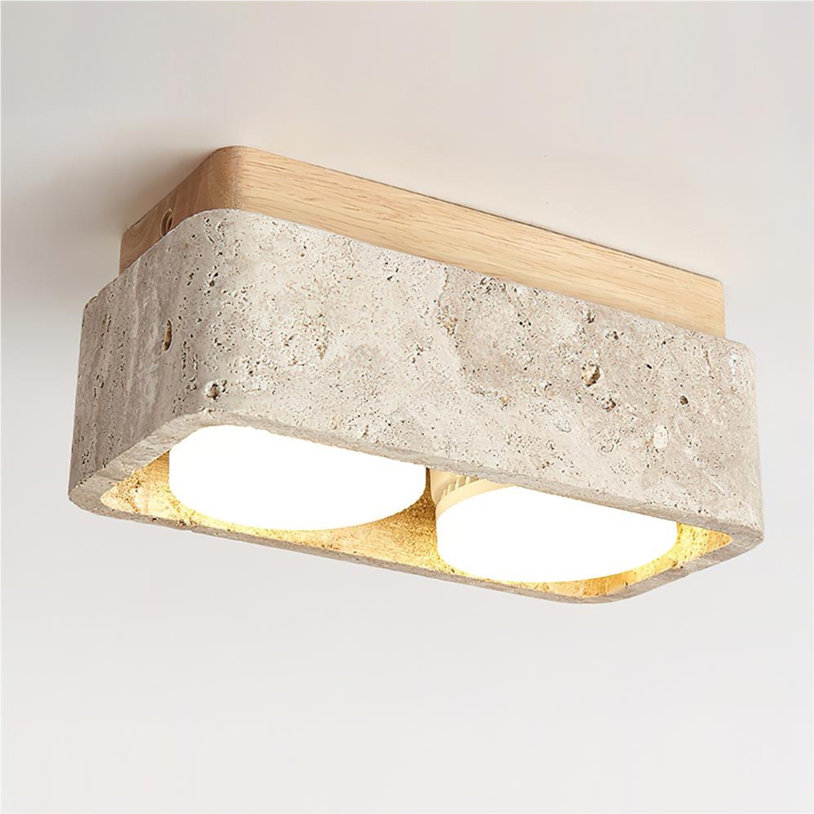 Natural Cube Design Travertine Ceiling Light With Wood Base S297