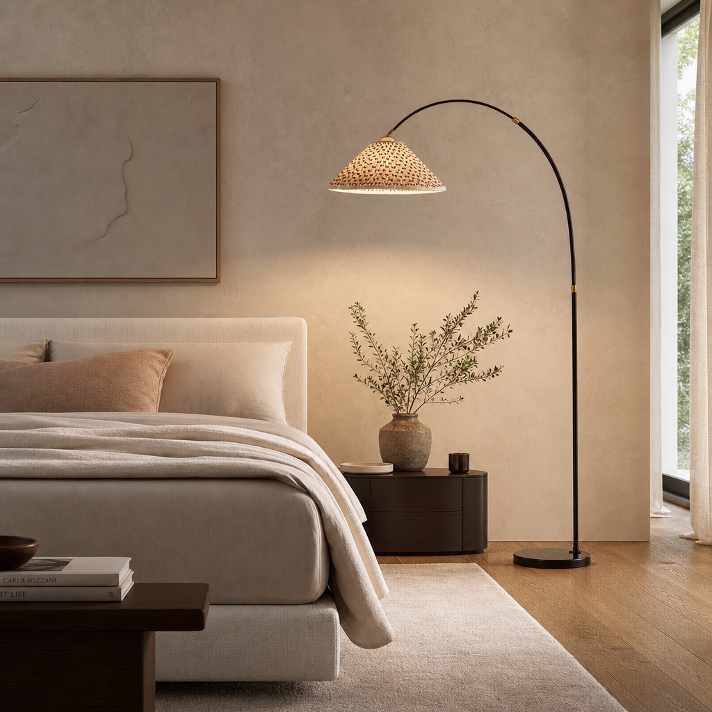 Veslin French Style Floral Arc Floor Lamp - Pleated Fabric Floor Light for Bedroom T2194