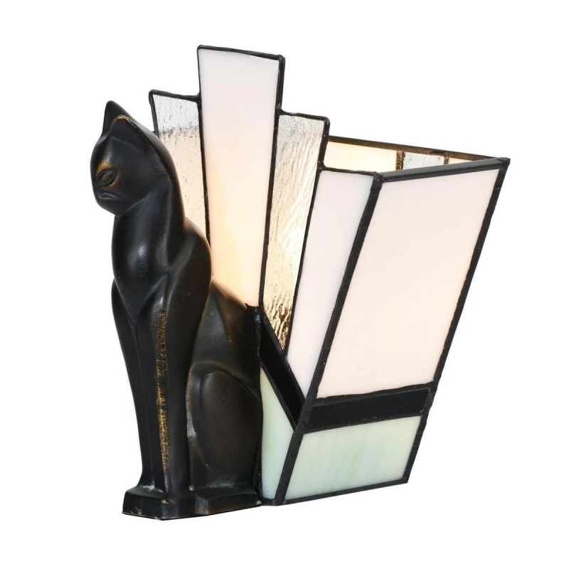 TF Felix Table Lamp - Art Deco Design with Glass Shade and Cat Figurine for Living Room or Bedroom T986
