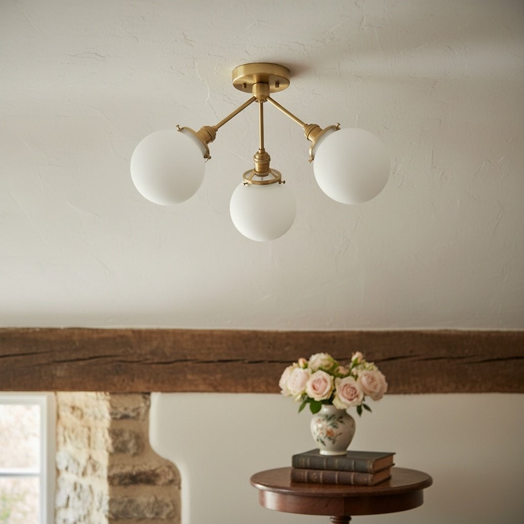 Glorica Glass Chandelier - Brass Globe Ceiling Light with Opal Shade T330