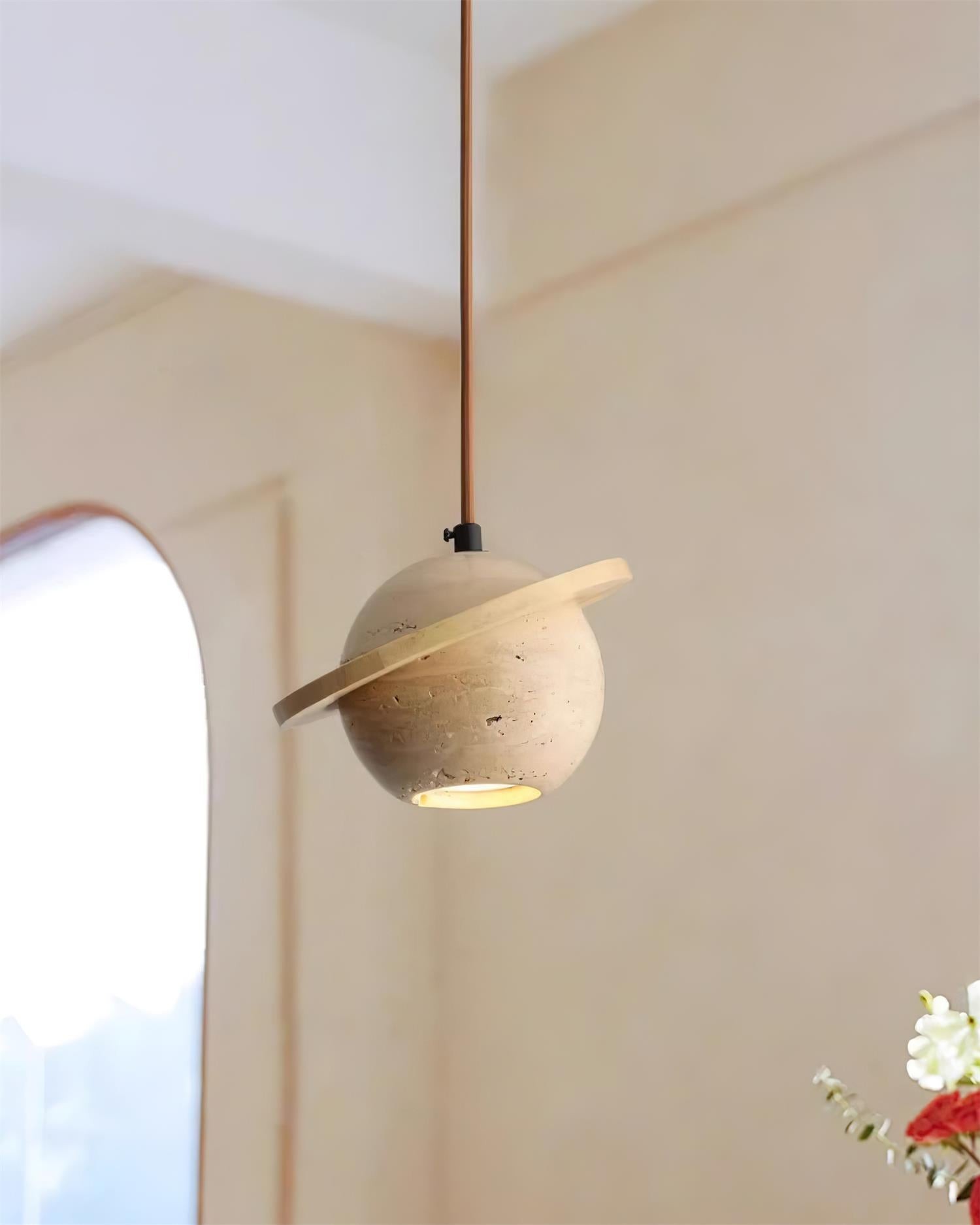 Travertine Sphere Pendant Light with Ring Detail - Kitchen Island Lighting M115