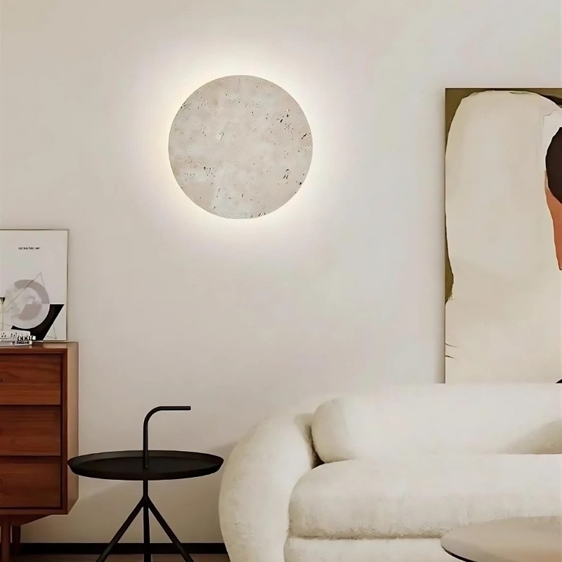 Wabi Sabi Travertine Round Wall Light - Minimalist Stone Disc Sconce S310