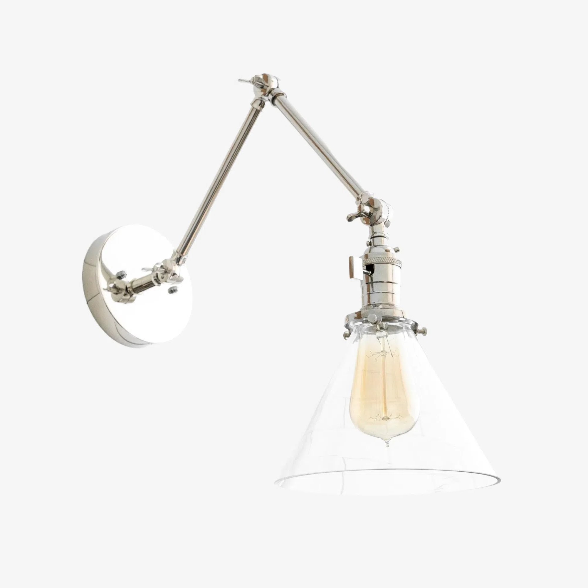 Conique Metal Industrial Wall Sconce with Adjustable Arm - Vintage Glass Cone Shade T311