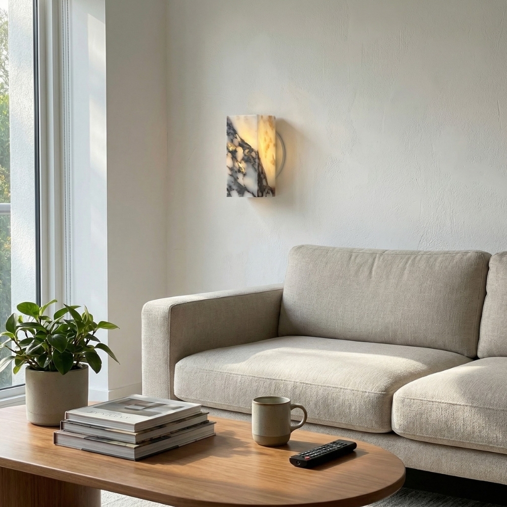 Alverra Modern Wall Sconce Geometric Stone Design - Ambient Wall Lighting for Living Space T1204