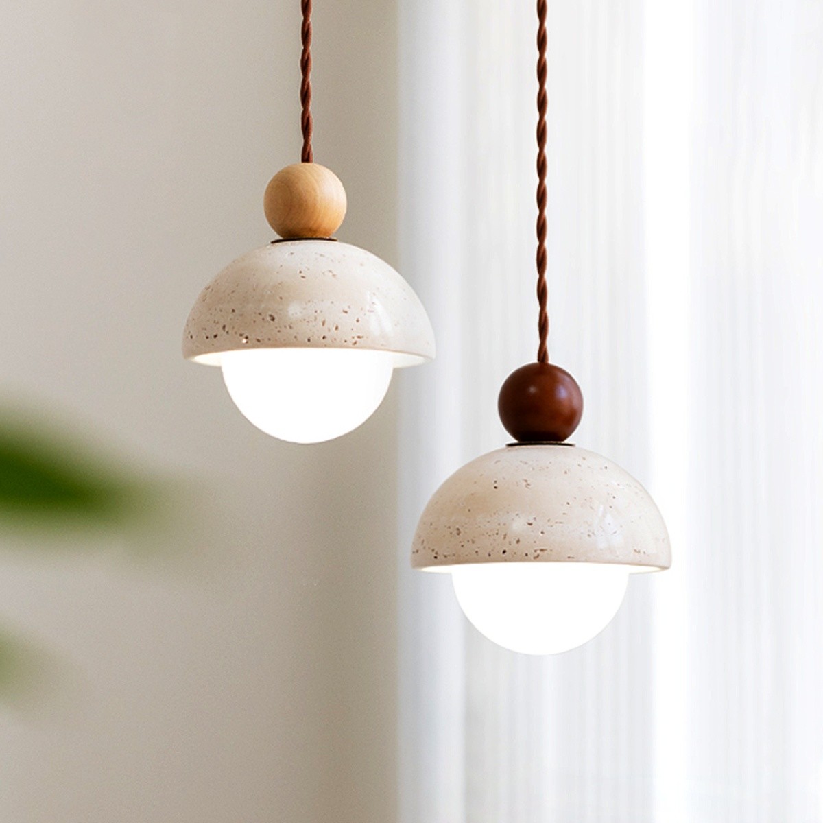 Beige Stone Umbrella Pendant Lamp With Wooden Sphere Accent S270