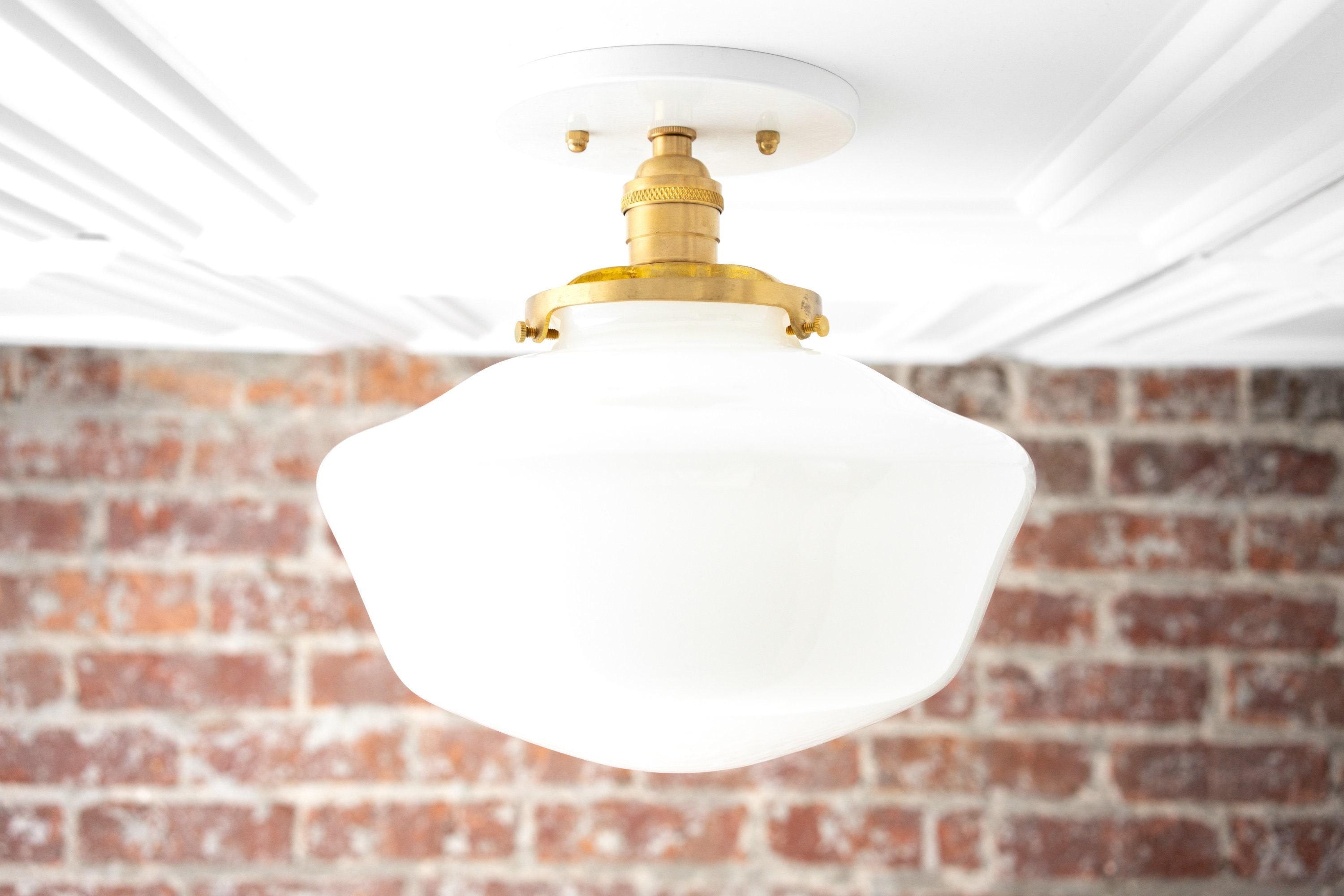 Geotower Glass Brass Ceiling Light - Opal Glass Schoolhouse Shade - Modern Elegance T370