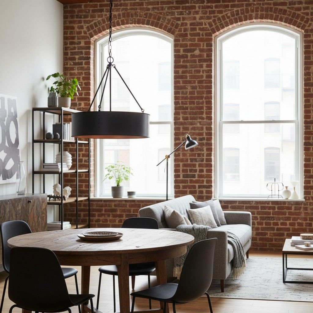 Dravik Contemporary Industrial Drum Pendant — Black Metal Pendant for Living or Dining Room U06