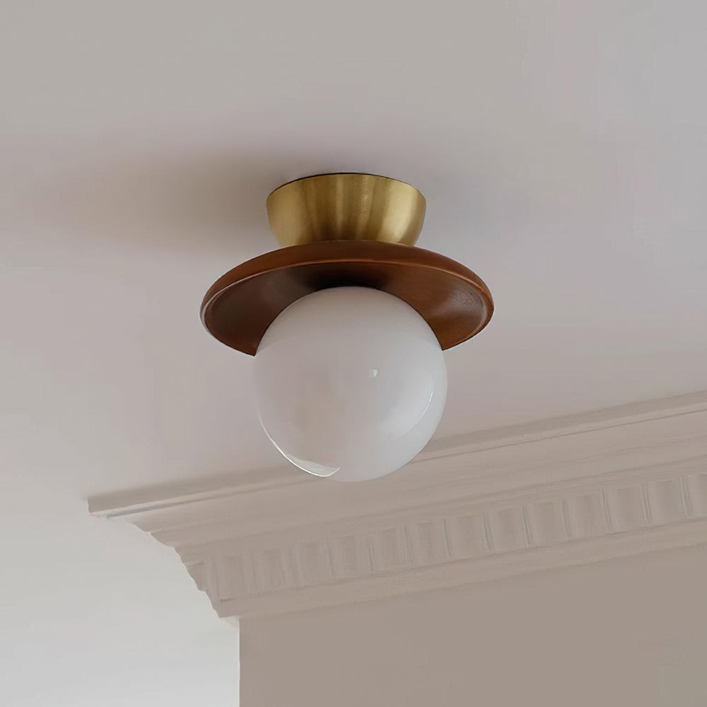 Wooden Bowl-shaped Body and White Glass Globe Lampshade Ceiling lamp P014