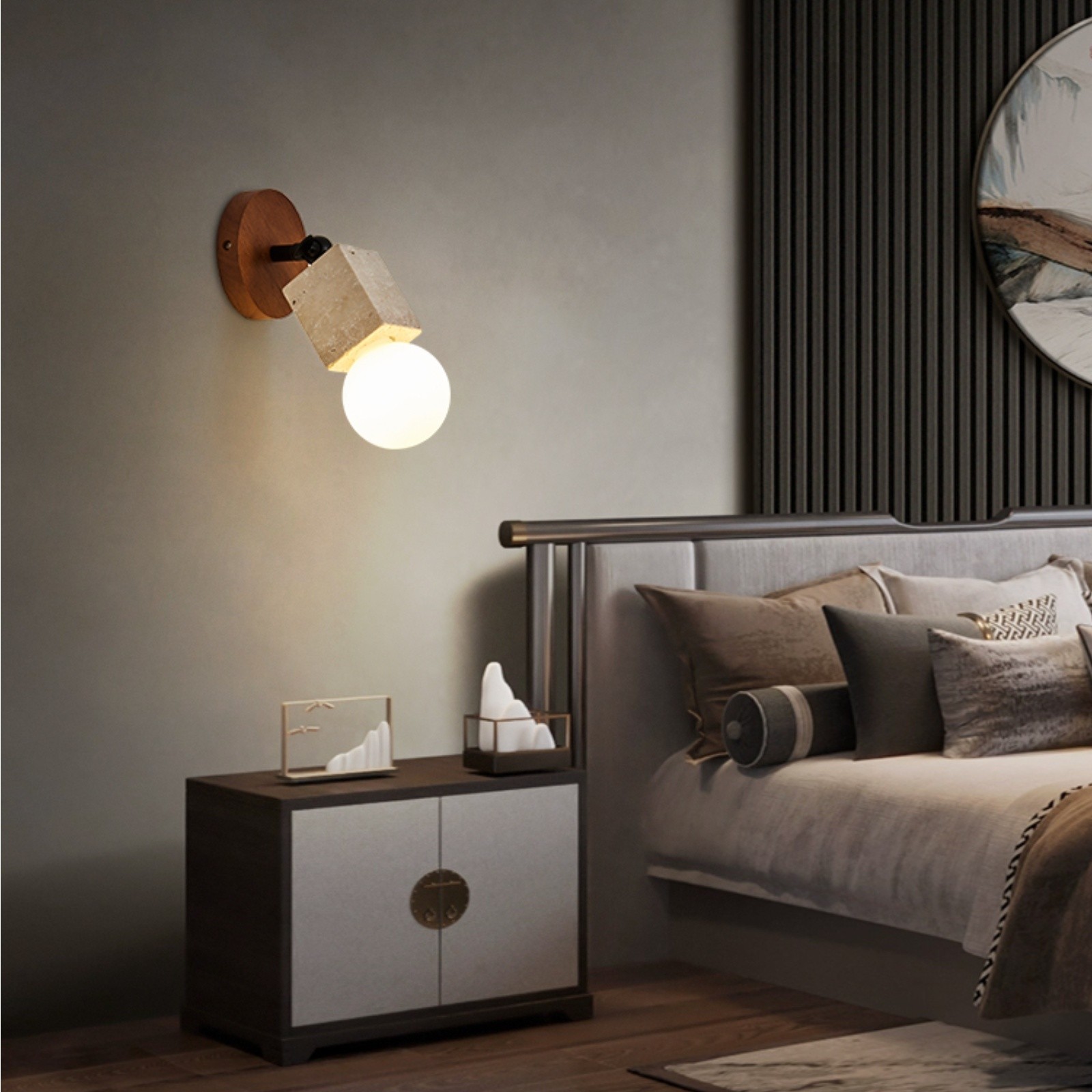Geometric Travertine Cube With Glass Globe Wall Sconce S319