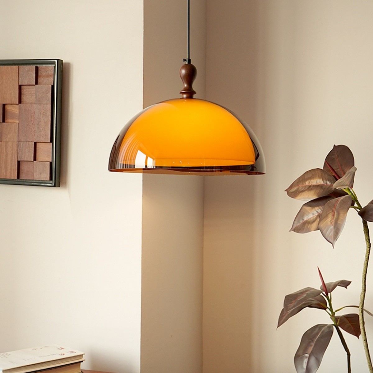 Vintage Sunset Pendant Lamp – Amber Acrylic & Walnut Finish S256