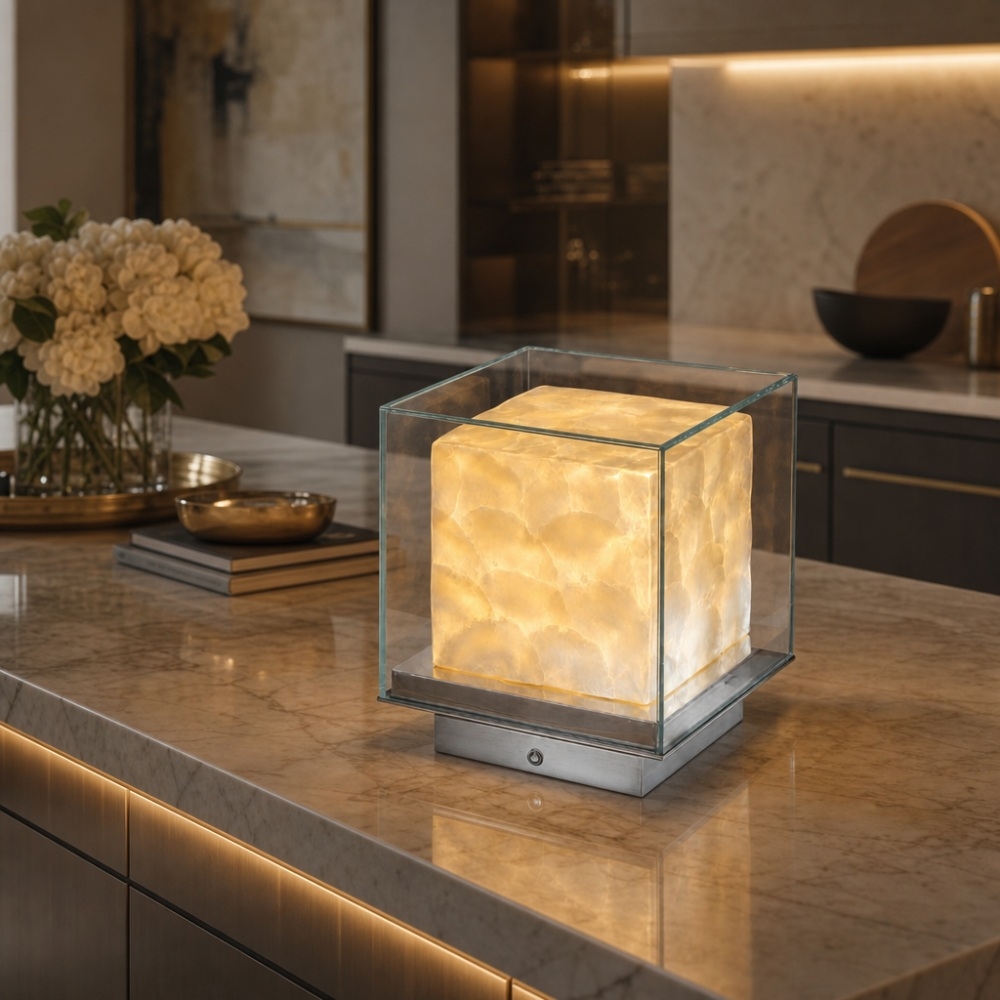 Beamira Mica and Shell Table Lamp - Modern Square Shade Accent Light for Bedroom T2196
