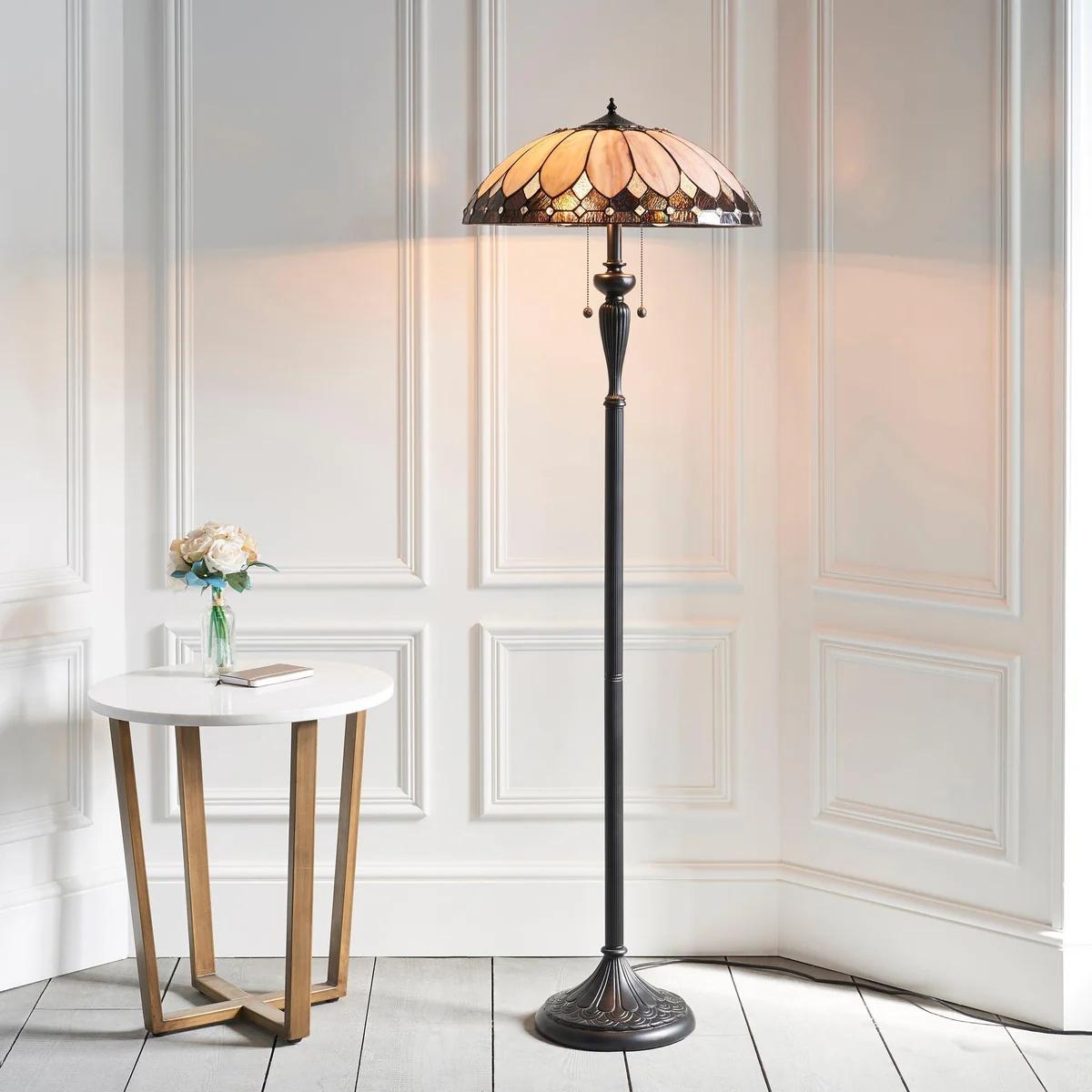 TF Brooklyn Geometric Art Deco Tiffany Floor Lamp - Stained Glass Shade and Satin Black Base for Living Room T887