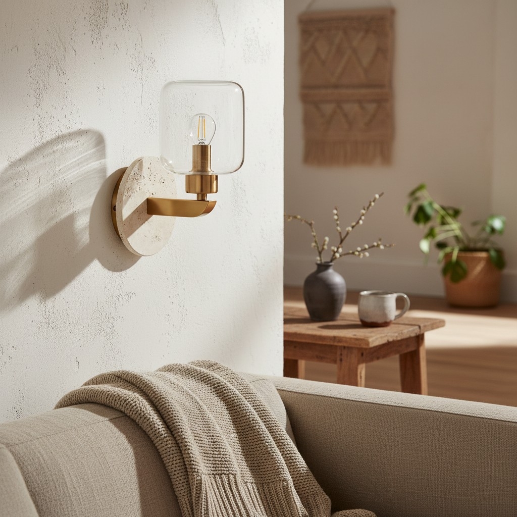 Korlisse Modern Marble Wall Light - Vintage Brass & Clear Glass Accent for Living Room and Hallway T950