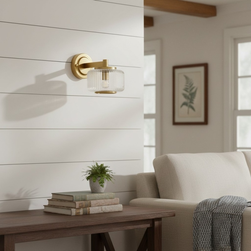 Canovus Ribbed Glass Shade Wall Lamp - Elegant Brass Sconce for Living Room Lighting T1034
