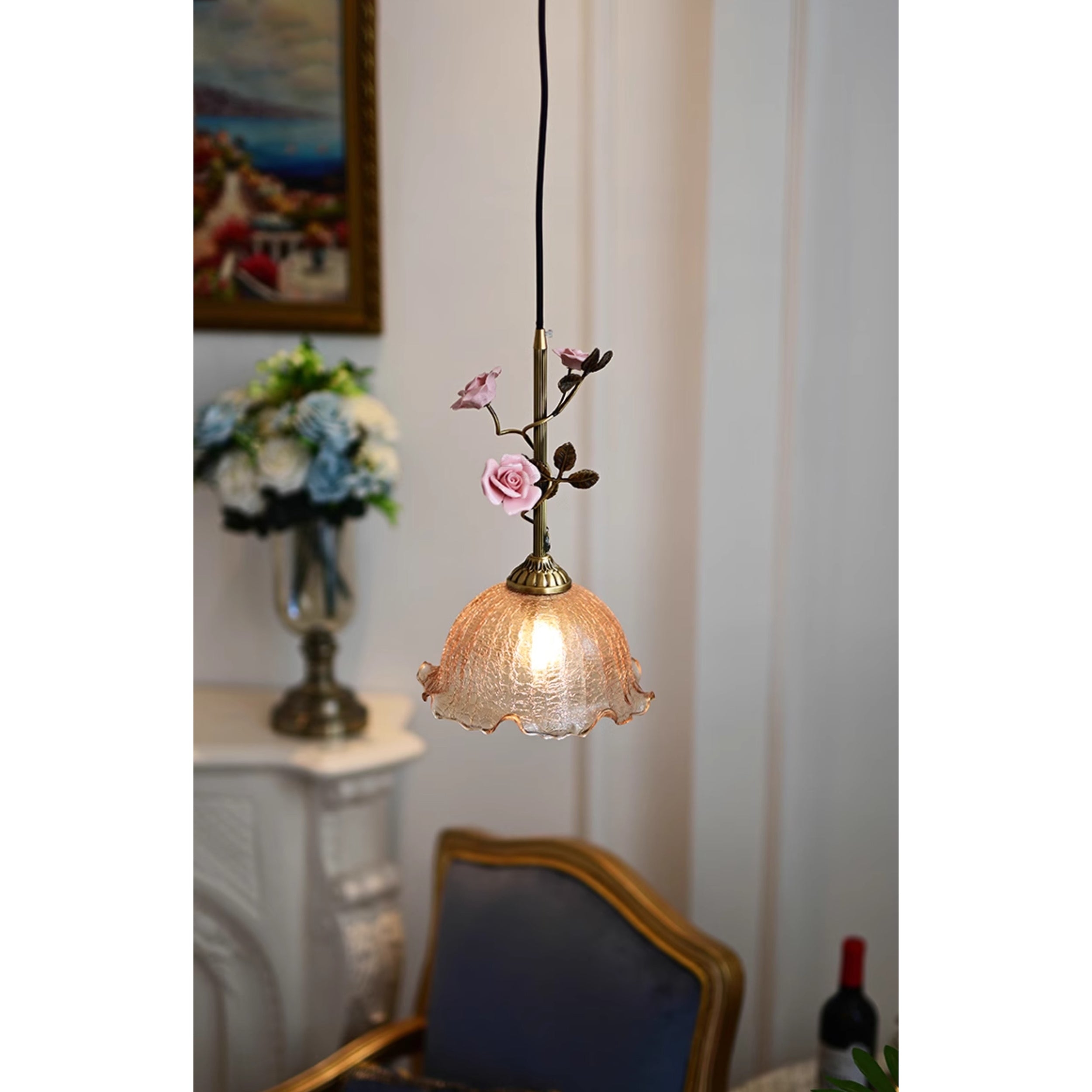 Lalique Rose Glass Pendant Lamp T1898
