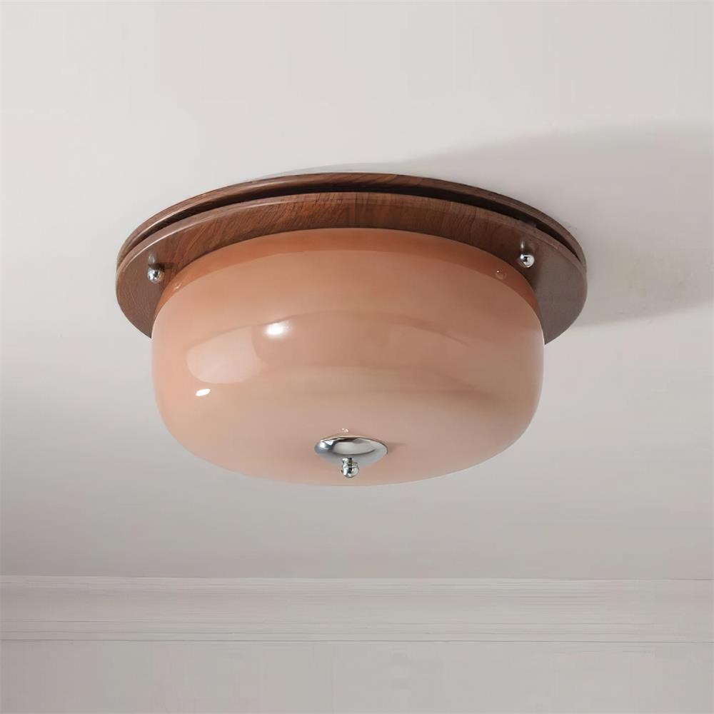Vintage Wooden Disc Pudding-shaped Glass Lampshade Ceiling Lamp P028