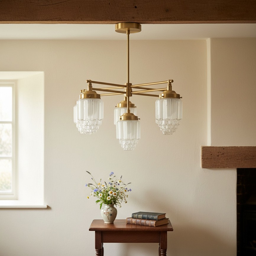 Tierlux Glass Chandelier – Vintage Brass Globe Lighting Fixture T357