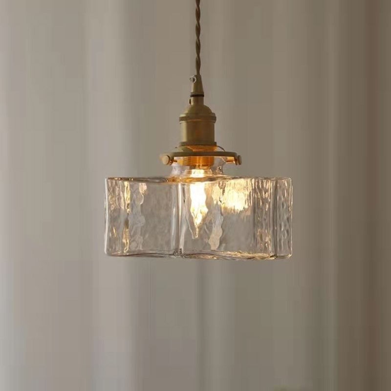 Traditional Vintage Square Rectangle Ripple Glass Iron 1-Light Pendant Light For Living Room T262