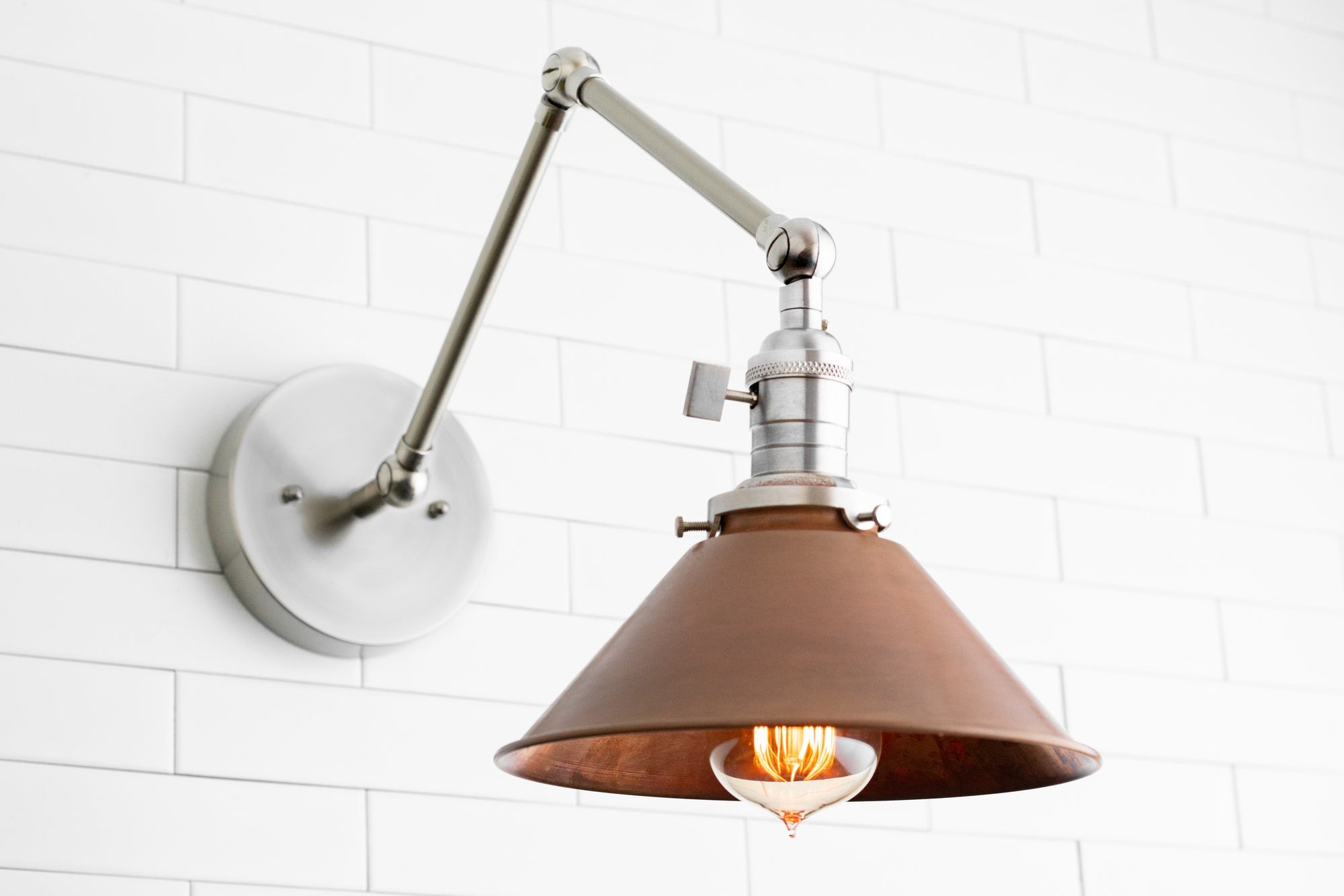Conique Metal Industrial Wall Sconce with Adjustable Arm - Vintage Copper Cone Shade for Task Lighting T390