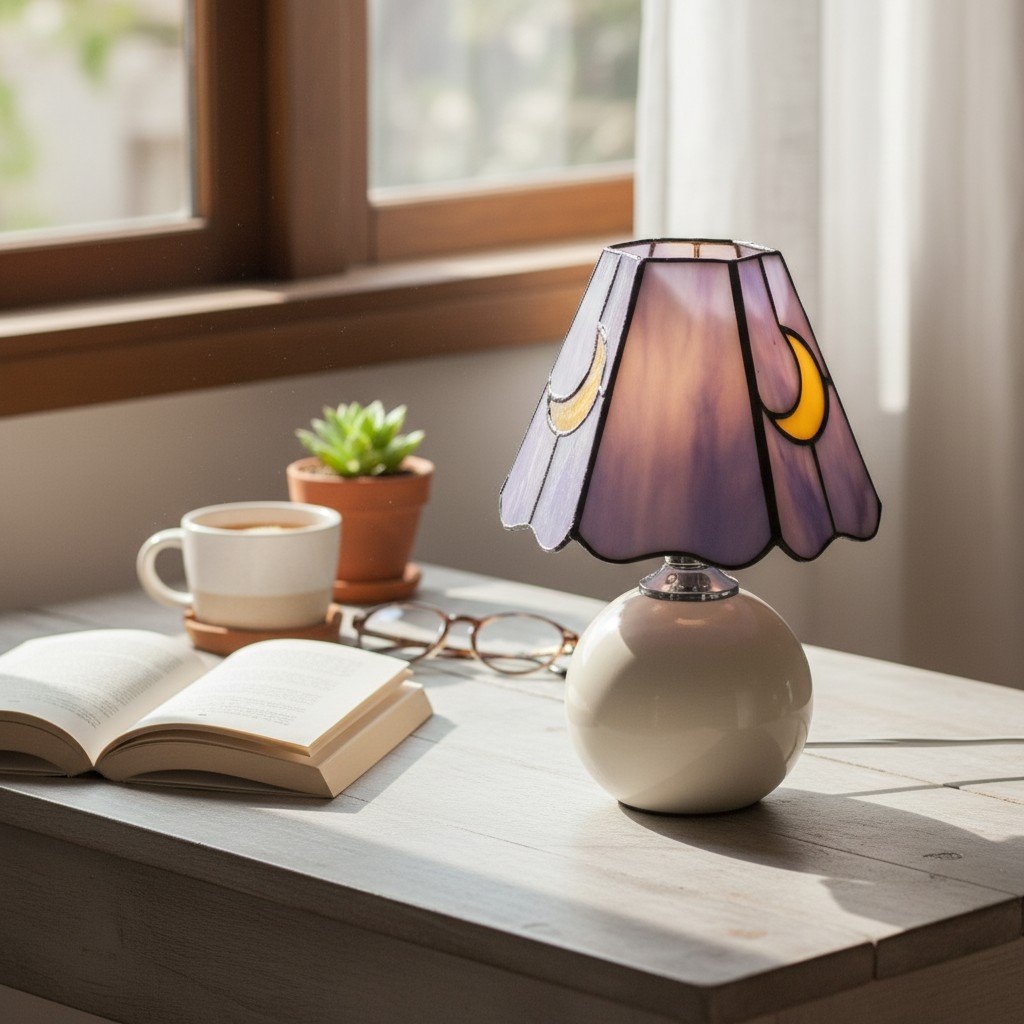 Stellum Tiffany Mushroom Moon Stained Glass Lamp – Artistic Accent Light for Living Rooms T552