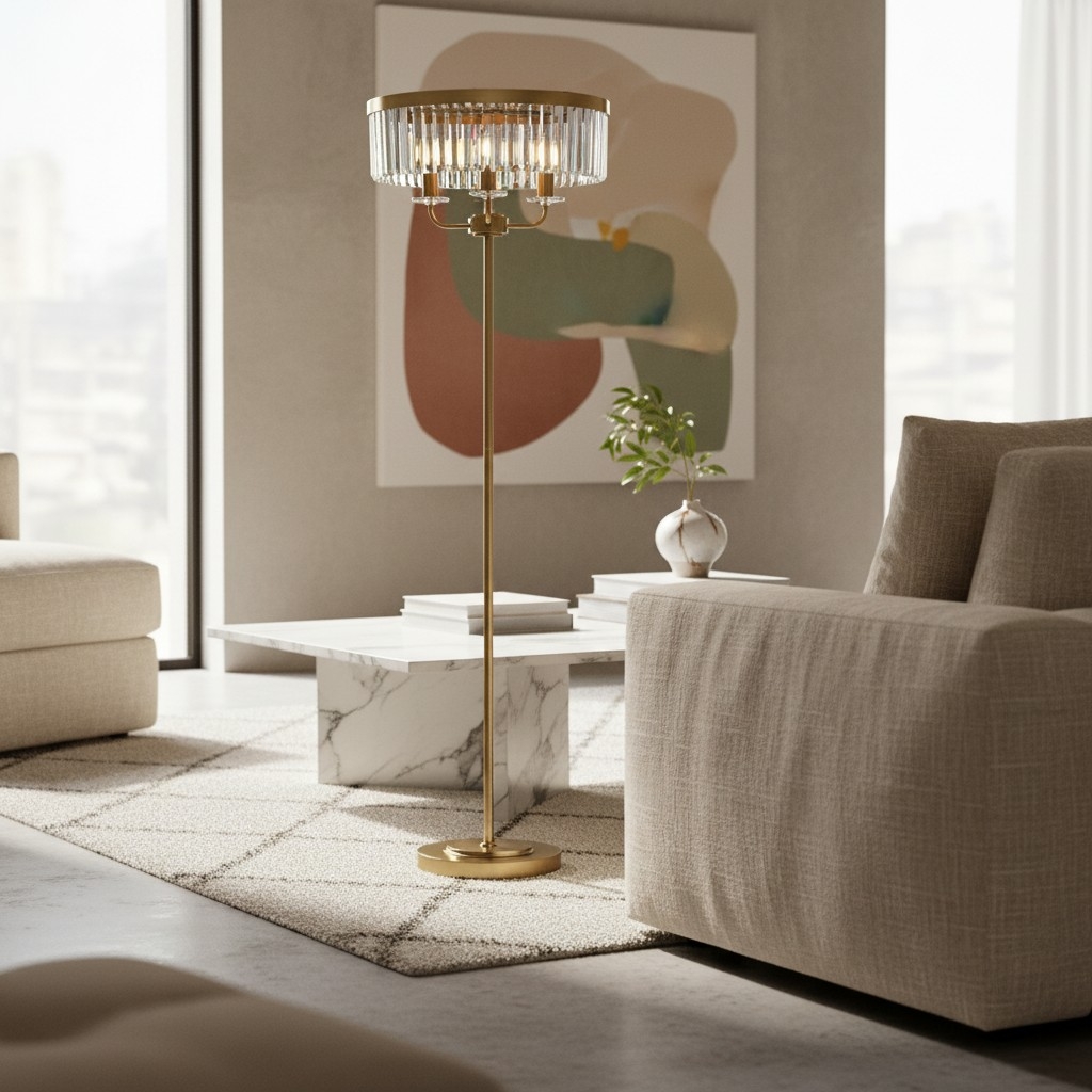 Beveline 3 Light Round Floor Lamp - Faceted Cut Glass Shades Classic Metal Finish For Living Rooms T877