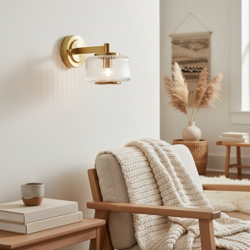 Canovus Ribbed Glass Shade Wall Lamp - Elegant Brass Sconce for Living Room Lighting T1034