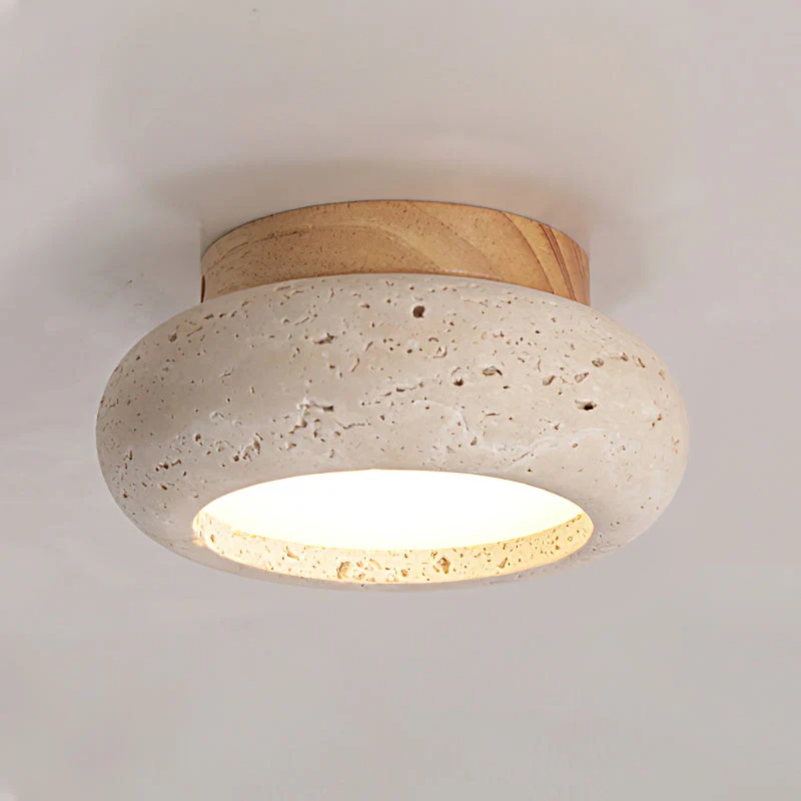 Minimal Bowl Ceiling Fixture in Stone Look - Wood Tone Base Light S299