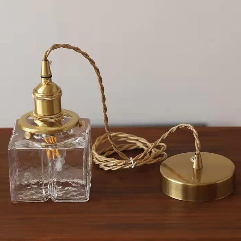 Traditional Vintage Square Rectangle Ripple Glass Iron 1-Light Pendant Light For Living Room T262
