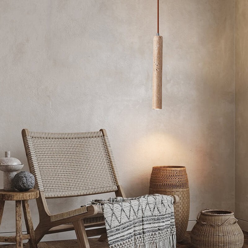 Japanese Wabi Sabi Yellow Travertine Cylinder 1-Light Pendant Light G33