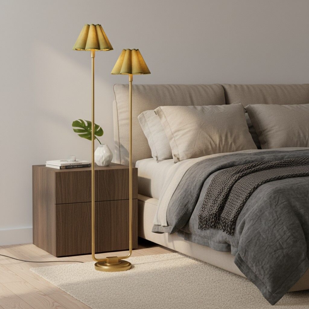 Duova Minimalist 2‑Light Floor Lamp - Modern Pleated Fabric Metal Light for Bedroom or Living Room T719