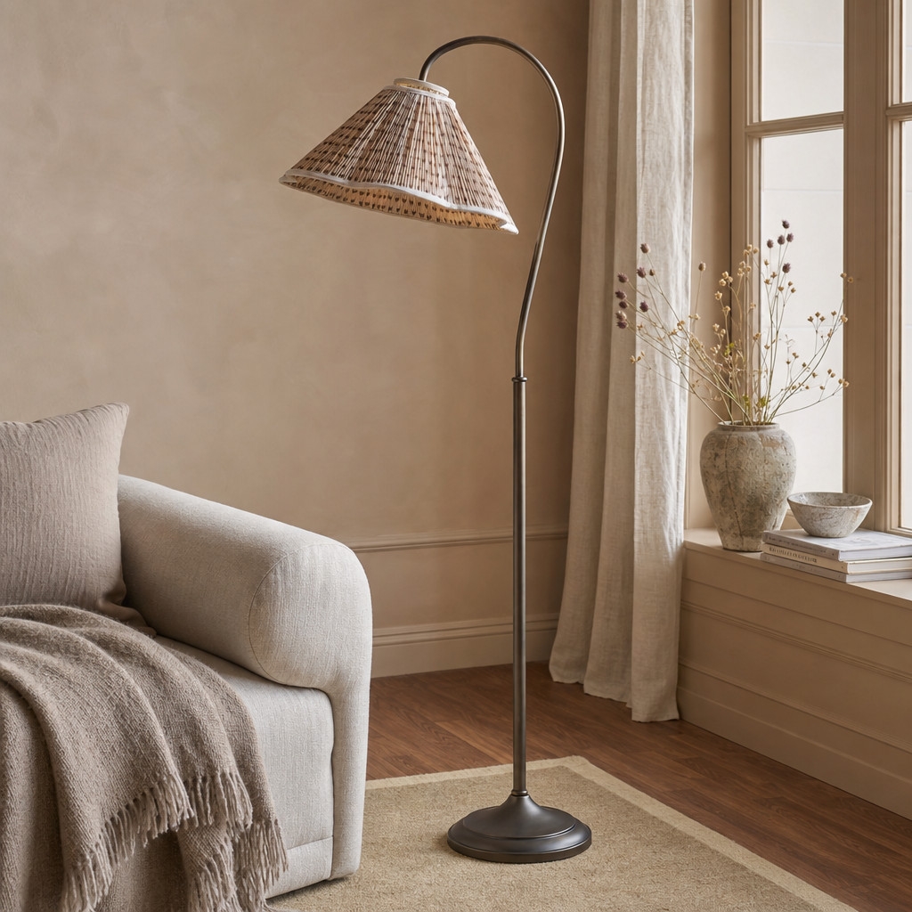 Veslin Elegant Floral Gooseneck Floor Lamp - Floral Linen Shade Lamp for Living Room T2206
