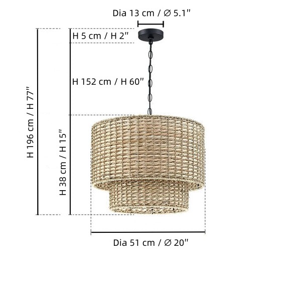 Natural Rattan Double Drum Pendant Light With Black Canopy G02