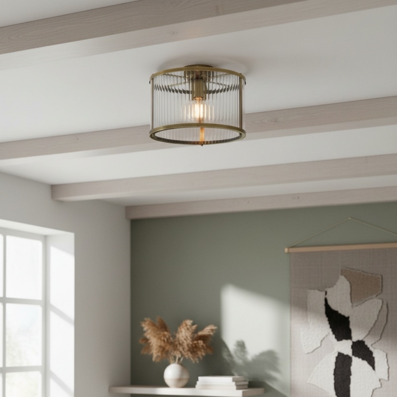 RibGlow Ribbed Glass Flush Ceiling Light - Classic Flush Mount Ceiling Lamp for Living Room or Hallway T819