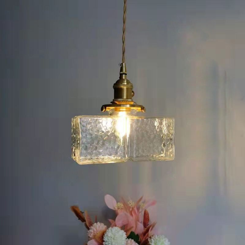 Traditional Vintage Square Rectangle Ripple Glass Iron 1-Light Pendant Light For Living Room T262
